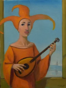Frau mit Zupfinstrument mit viel oranger Farbe
