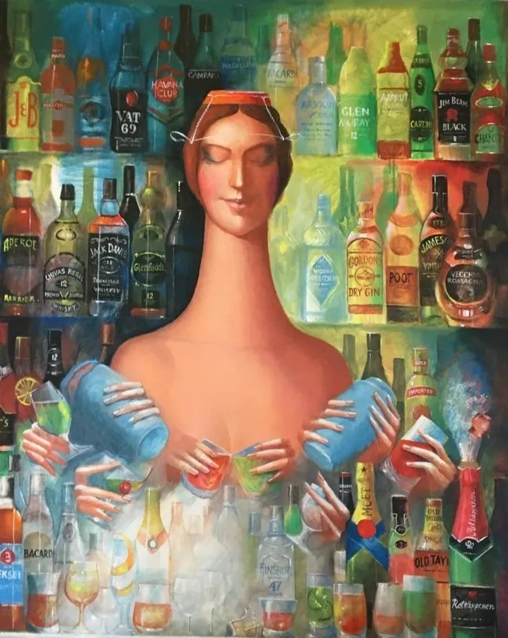 Frau vor einer Bar mit vielen Flaschen, Surrealismus.